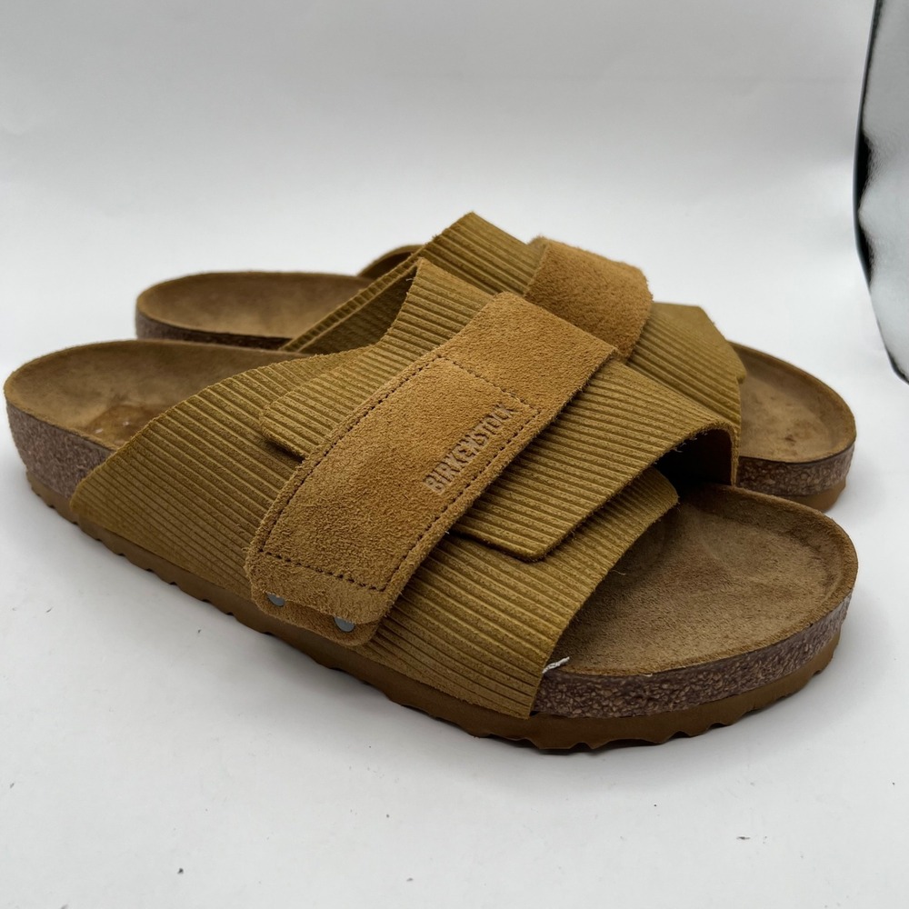 Birkenstock Kyoto Suede Embossed Cork Brown Slide Sandals Womens 11 Mens 9 strap